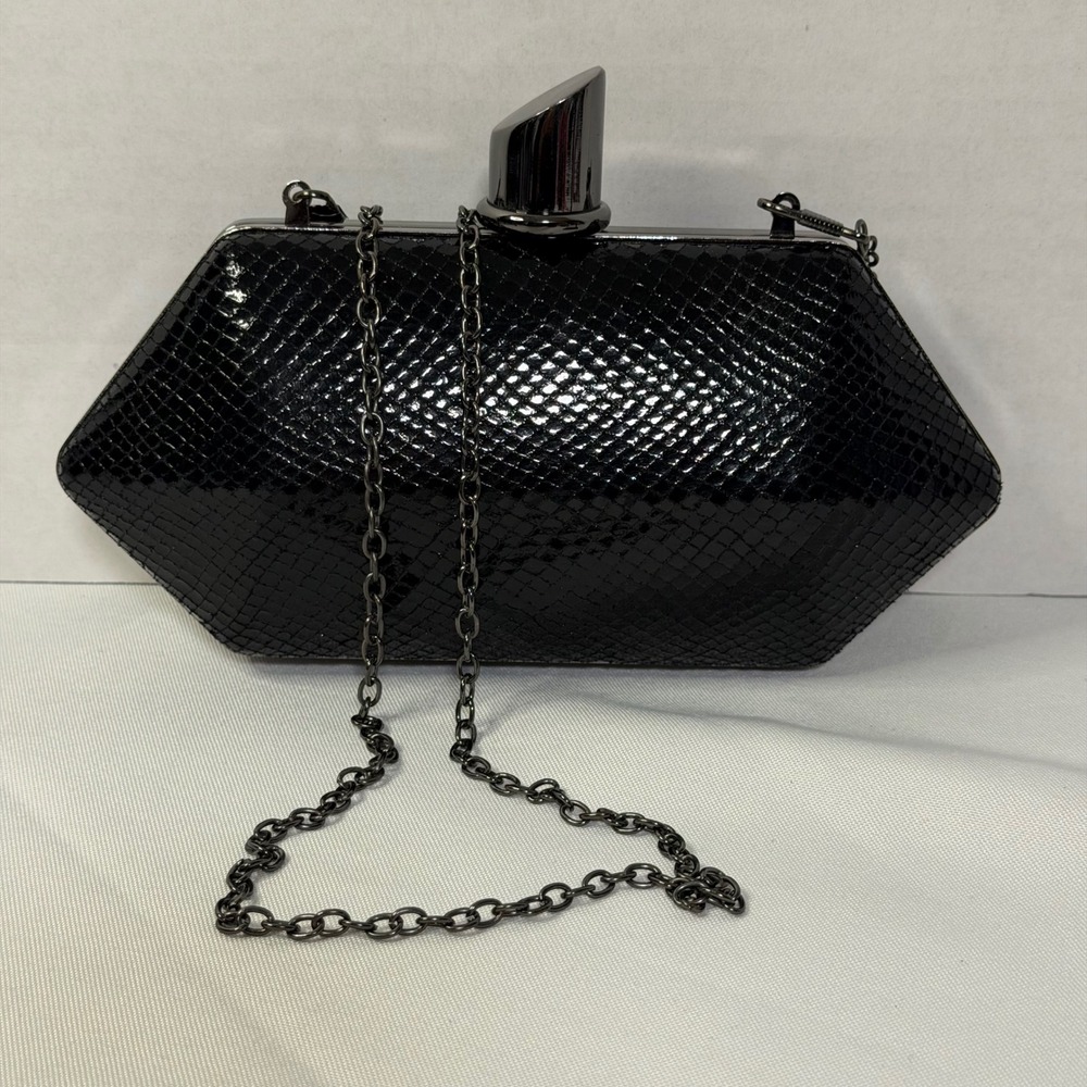 🟠 EUC MMS Black Snakeskin Embossed Hexagon‎ Clutch Gunmetal Chain Crossbody Bag